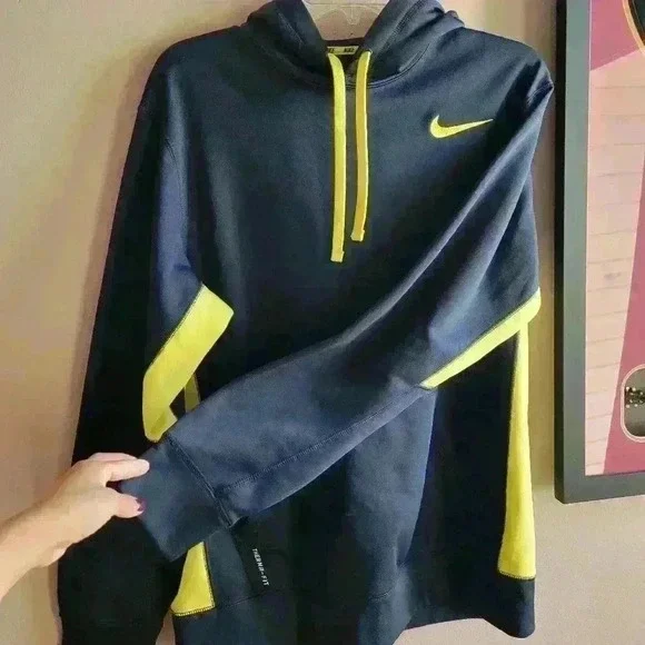 Nike Mens Medium Therma Fit Knockout Hoodie Sweatshirt Dark Blue /Neon Yellow - Picture 7 of 11